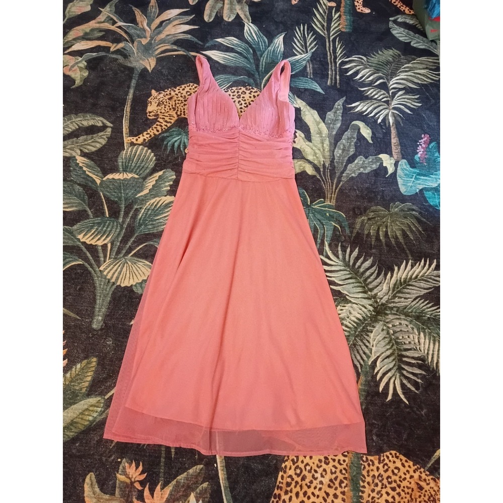 Vintage Y2K David's Bridal Pink Beaded Fairycore Princess Chiffon Midi Dress 8